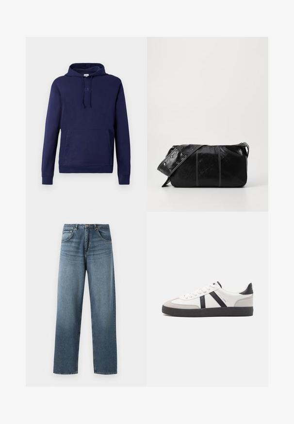 Pulover s kapuco v mornariško modri barvi z sprednjim žepom v obliki kenguruja, kapuco na vrvico in subtilnim embosiranim logotipom GAP na prsih.; Ravno krojene modre kavbojke iz denima z zbledelim pranjem, ki vključujejo pet žepov, kovinsko zaponko in pasek. Strukturirana, srednje težka tkanina.; Bela športna obutev z črnimi in sivo akcenti, z teksturirano sivo kapico za prste, črnim gumijastim podplatom in ravnimi belimi vezalkami. Čista zasnova, minimalistični slog.; Črna usnjena torba za ramo z zadrgo, ki ima teksturirano telo, belo šivanje in trak s srebrnimi luknjami.