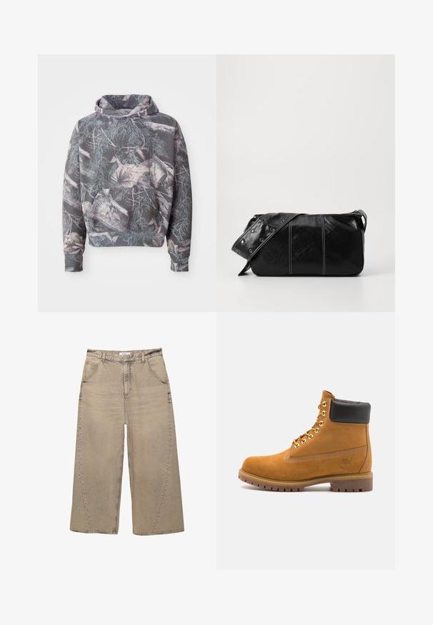 Grå hoodie med ett camouflagemönster som innehåller grenar och löv i dämpade färger. Den har en frontficka och en dragsko på huvan.; PULL&BEAR MEGA BAGGY - Baggy jeans - light grey; Tan mockasins ankelstövlar med svart vadderad krage, guldmetallöglor, vit sömdekor och slitstöt gummisula med utmärkta mönster.; Svart läder axelväska med dragkedjestängning, som har en texturerad yta, vit sömnad och ett bälte med silveröglor.