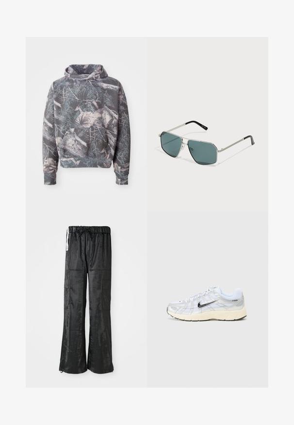 Siva kapuca z značko kamuflaže z vejami in listi v umirjenih barvah. Ima sprednji žep in kapuco s vrvico.; Črne cargo hlače iz sijočega, teksturiranega materiala. Imajo širok kroj, elastičen pas s vrvico in več stranskih žepov.; Bele športne copate iz mrežaste tkanine z zlatimi detajli, črnimi Nike logotipi, oblazinjeno ovratnikom in teksturiranim podplatom. Imajo večplastno zasnovo za stabilnost.; Sončna očala z kovinskim okvirjem in šestkotnimi lečami, temno zeleno obarvana, s srebrnimi detajli in črnimi ročaji. Teksturirani detajli na okvirju.