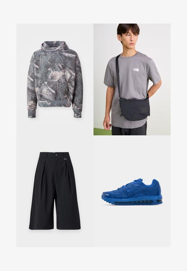Sivá mikina s kapucňou, ktorá má maskáčový vzor s konármi a listami v jemných farbách. Má predné vrecko a šnúrku na kapucni.; Čierne krátke nohavice s prúžkami, záhybmi, zapínaním na gombík a kovovým krúžkom ako dekoráciou. Hladká tkanina s presným strihom a dĺžkou po koleno.; Modré športové topánky vyrobené z kože a gumy s textúrovaným zvrškom, viditeľným vzduchovým tlmením a vzorovanou podrážkou. Obsahujú reflexné akcenty.; Čierna nylonová crossbody taška s nastaviteľným popruhom, sťahovacia uzáver a embosovaný detail loga. Nosená cez šedé tričko.
