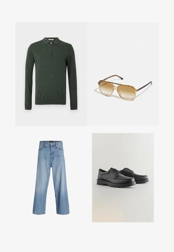 Tumši zaļš garām piedurknēm polo džemperis ar ceturtdaļas rāvējslēdzēju un ribotām piedurknēm un apakšmalu, parādīts uz vienkārša gaiša fona.; Gaiši zili plaša kāju džinsi, kas izgatavoti no denima, ar augstu jostasvietu, klasisku piecu kabatu dizainu un pogu aizdari ar rāvējslēdzēju.; Melnas ādas kurpes ar teksturētu virsotni, apaļu purngali, auklu aizdari, un biezām gumijas zolēm ar profilētu rakstu.; Korpusa ar bruņurupuča rakstu, taisnstūra formai ar brūnām gradientā toni lēcām un gludiem melniem kātiem, kas papildināti ar diskretām logotipa akcentiem.