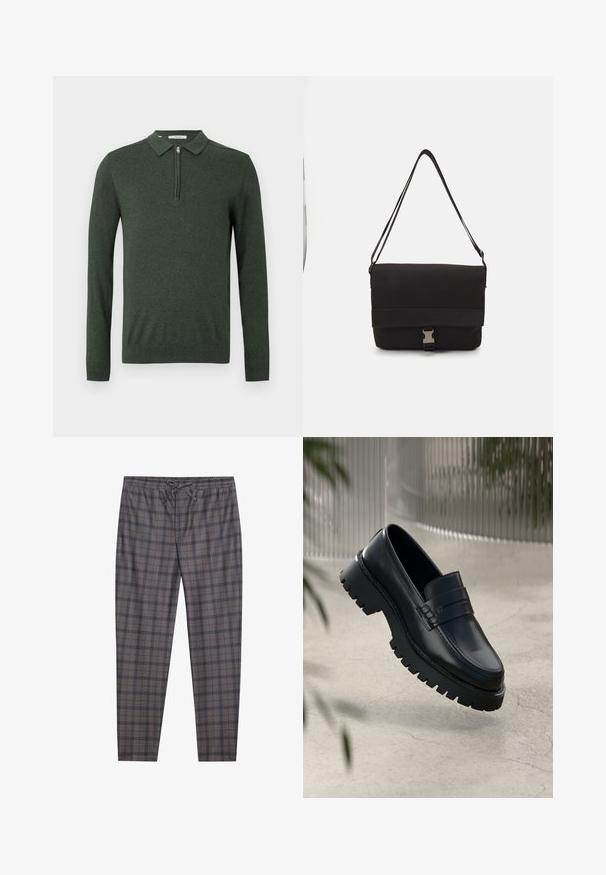 Σκούρο πράσινο πάλτο με μακρύ μανίκι και μισό φερμουάρ, με ριμπέ μανσέτες και στρίφωμα, σε απλό φωτεινό φόντο.; Γκρίζες καρώ παντελόνες με ελαστική μέση και κορδόνι. Το υλικό φαίνεται μαλακό, με μια διακριτική υφή και αντίθετες μαύρες γραμμές στο σχέδιο.; Μαύρες δερμάτινες εσπαντρίγιες με χοντρή τρακτερωτή σόλα, διαθέτοντας διακοσμητική λωρίδα και λεπτομέρεια ραφής. Λείος υφής με γυαλιστερό φινίρισμα.; Μαύρη τσάντα Messenger από λείο υλικό, διαθέτει πτυσσόμενο καπάκι, ασημένια κλείσιμο και ρυθμιζόμενο ιμάντα ώμου.