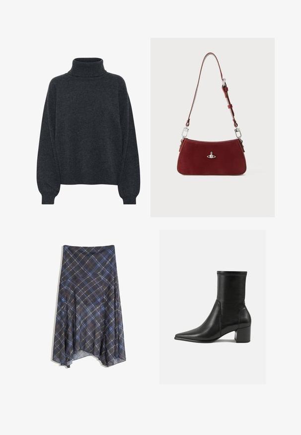 Gestuz MANZI ROLLNECK - Strickpullover - deep graphite; Schwarzer Karorock mit blauen und braunen Linien, fließendes Design, knielang, aus leichtem Stoff mit glatter Textur.; Schwarze Knöchelstiefel aus glattem Leder, mit spitzem Zehenbereich, einem Blockabsatz und markanten, raised stitching am oberen Rand.; Rote Wildleder Schultertasche mit einer curved Form. Verfügt über einen silberfarbenen Akzent und einen verstellbaren Trageriemen mit Hardware-Details. Glatte Textur.