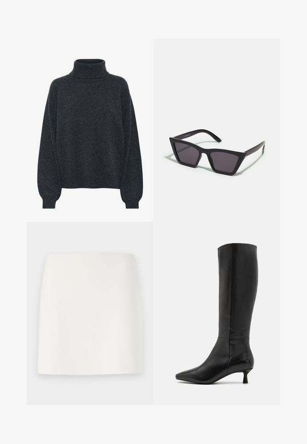 Gestuz MANZI ROLLNECK - Jumper - deep graphite; White, fitted mini skirt with a smooth texture and clean lines. No visible patterns or hardware. Straight hem at the bottom.; Zign Boots - black; Black, angular sunglasses with gray lenses; made of plastic, featuring thick arms with a smooth surface and no visible hardware.; Black suede clutch bag with a zip closure and detachable wrist strap. Features gold-tone hardware and a smooth, matte texture.
