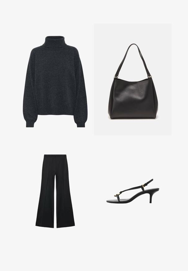 Gestuz MANZI ROLLNECK - Jersey de punto - deep graphite; Pantalones de pierna ancha negros con una textura suave, que presentan pliegues frontales y un diseño a medida. La tela es ligera y fluida.; Sandalia de tacón kitten negro de cuero con tiras delgadas, hebilla dorada y lazo para los dedos minimalista sobre un fondo blanco.; Bolso de mano de cuero sintético negro con una textura suave, forma de hobo y doble asa; presenta un acabado brillante y un diseño minimalista.