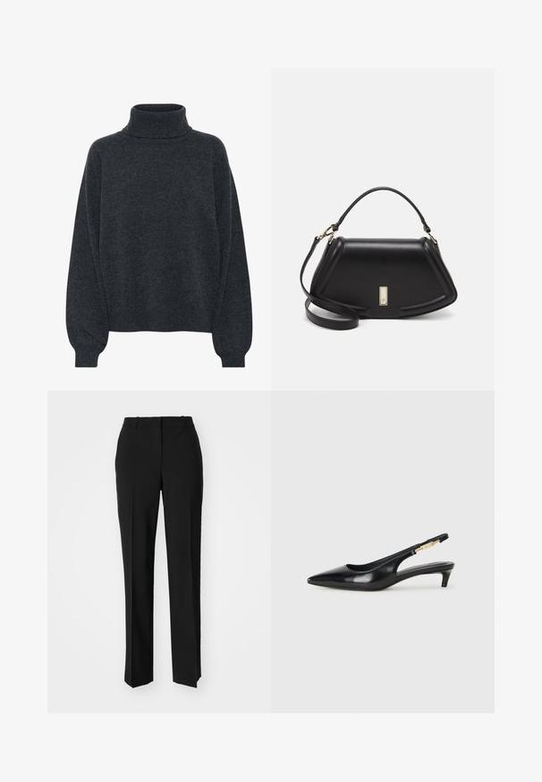 Gestuz MANZI ROLLNECK - Vesta - deep graphite; Crne krojene hlače ravnog kroja, s glatkom teksturom i oštrim pregibima naprijed. Bez vidljivih metalnih dijelova.; Crne kožne sandale s petom, s izduženim vrhom, imaju usku petu i zlatni akcent na podesivoj traci. Glatka tekstura.; Crna kožna torba s strukturiranim dizajnom, s krojenim oblikom, gornjom drškom i zlatnim detaljima. Uključena je podesiva ramena traka.