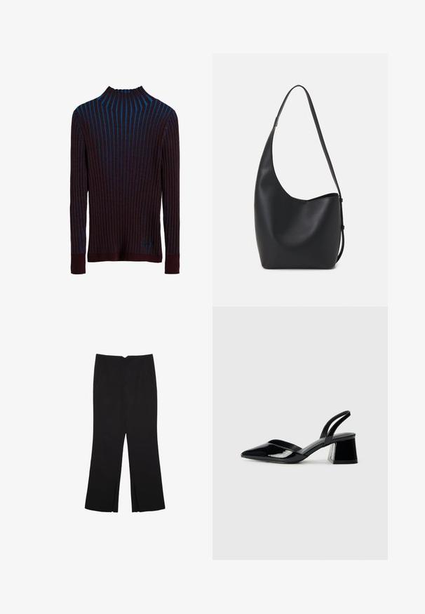 Dunkellila gerippter Pullover mit blauen vertikalen Streifen, hohem Kragen und eng anliegenden Bündchen. Weiche Textur mit subtiler Ausstrahlung.; Schwarze Hose mit geradem Schnitt, ausgestattet mit Fronttaschen und Seitenschlitzen am Saum. Hergestellt aus weichem, glattem Stoff. Geeignet für verschiedene Anlässe.; Schwarze Lackleder-Slingback-High Heels mit spitzem Schuh und einem geometrischen Blockabsatz. Verfügt über ein schlankes, minimalistisches Design und eine glatte Textur.; Schwarze Leder-Hobo-Tasche mit einer glatten Textur, geschwungener Form und einem einzelnen verstellbaren Tragegurt; verfügt über eine weite Öffnung am oberen Ende.