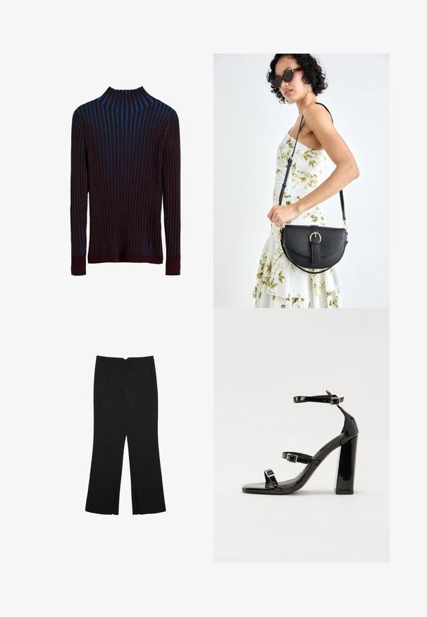 Tamno ljubičasti rebrasti pulover s plavim vertikalnim trakama, visokim izrezom i uskim manžetama. Mekana tekstura s suptilnim sjajem.; Crne hlače ravnog kroja, s prednjim džepovima i bočnim prorezima na rubu. Izrađene od mekog i glatkog materijala. Pogodne za razne prigode.; Crne lakirane sandale na visoku petu s dva remena s kopčama, kvadratnim vrhom i masivnom blok petom, s glatkom, sjajnom teksturom.; Crna kožna torba s lukovitim oblikom, odvojivim remenom i zlatnim detaljima. Torba ima preklop s kopčom.