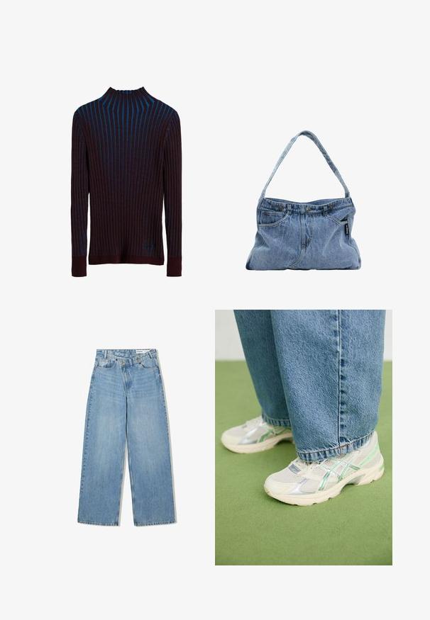 Sötétlila bordázott pulóver kék függőleges csíkokkal, magas nyakkal és testhez simuló mandzsettákkal. Puha tapintású, enyhe fényességgel.; Világoskék, bő szárú farmer nadrág, magas derékkal, öt zsebbel, gombos záródással és finom kopással a textúráért.; Fehér és ezüst hálós sportcipők zöld kiegészítőkkel, laza kék farmernadrággal viselve, zöld szőnyeggel borított padlón állva.; Farmer vászontáska ívelt pánttal, két elülső zsebbel és gombos felső résszel, világoskék anyagból, kontrasztos varrási részletekkel.