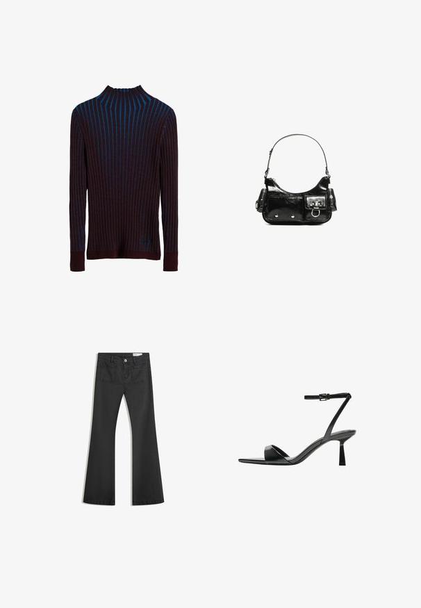 Tmavě fialový žebrovaný svetr s modrými vertikálními pruhy, vysokým límcem a přiléhavými manžetami. Měkká textura s jemným leskem.; Černé rozšířené džíny vyrobené z jemného džínsového materiálu, se dvěma zadními kapsami a zapínáním na knoflík v pase.; Bershka Sandály na vysokém podpatku - black; Černá lakovaná kožená kabelka s křivkovým tvarem, jedním ramenním popruhem, předními kapsami a stříbrnými kovovými detaily.