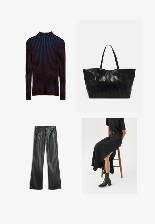 Sötétlila bordázott pulóver kék függőleges csíkokkal, magas nyakkal és testhez simuló mandzsettákkal. Puha tapintású, enyhe fényességgel.; Fekete műbőr bővülő nadrág sima textúrával, öt zsebbel, elülső cipzárral és kontrasztos varrásokkal.; Fekete len maxi szoknya magas hasítékkal, fekete pólóval és fekete bokacsizmával viselve. Minimalista dizájn, laza illeszkedéssel.; Fekete szövött bevásárlótáska két strapabíró füllel, fényes felülettel és tágas, nyitott tetejű kialakítással.