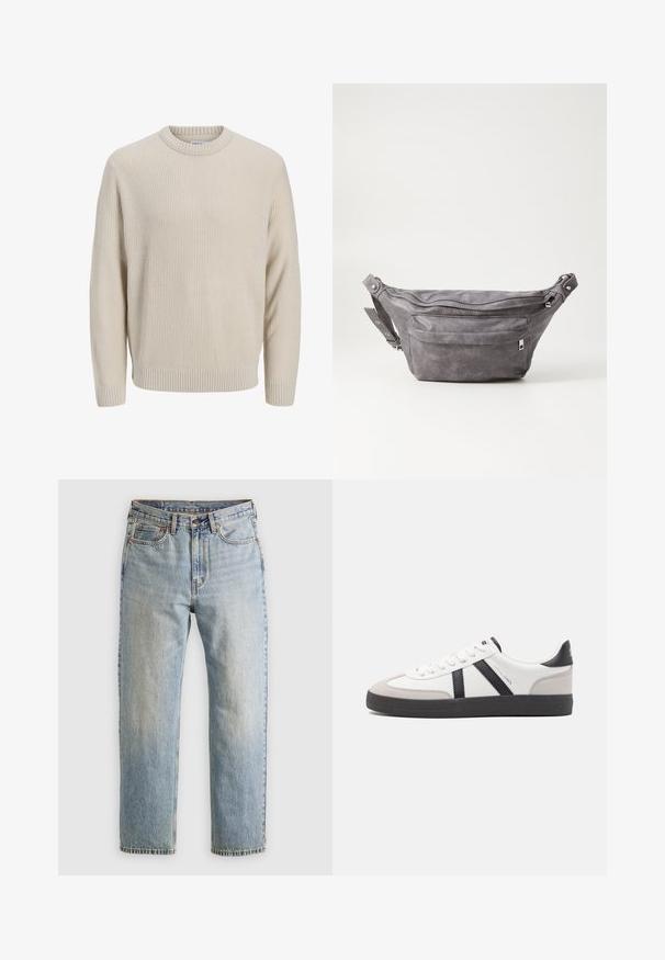 Pull en tricot beige clair avec un motif texturé, col rond, poignets et ourlet côtelés, et une coupe décontractée.; Jean en denim bleu clair à taille haute, avec bouton avant, fermeture éclair et design à cinq poches, posé à plat sur un fond neutre.; Baskets blanches avec des accents noirs et gris, présentant un embout texturé gris, une semelle en caoutchouc noir et des lacets plats blancs. Design épuré, style minimaliste.; Sac banane en suède gris avec une forme arrondie, deux compartiments zippés et une sangle réglable. Comprend des accents en métal.