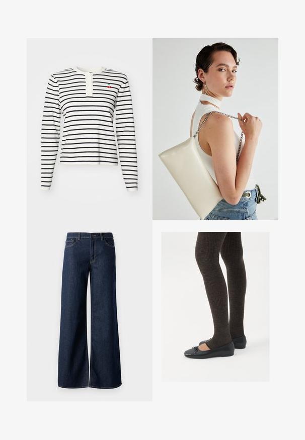 Long-sleeve striped top in white and navy, featuring a henley neckline with buttons and a small embroidered cherry detail on the chest.; Wide-leg jeans in dark blue denim. Features contrast stitching, five pockets, and a button closure at the waist. Smooth texture.; Black flat shoes with a small bow detail at the toe, paired with dark brown ribbed tights. Shoes have a smooth texture and low profile.; White rectangular clutch bag made of glossy material, featuring a silver chain strap. Model poses, showcasing the bag against a plain background.