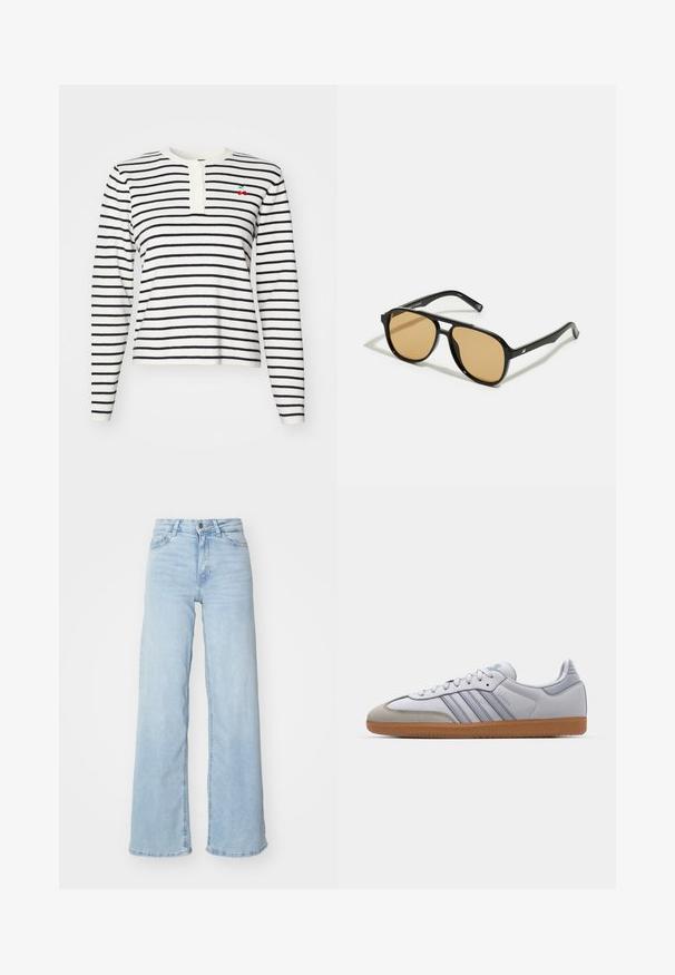 Μακρυμάνικη μπλούζα με ρίγες σε λευκό και ναυτικό μπλε, με ντεκολτέ χένλεϊ και κουμπιά, καθώς και μικρή κεντημένη λεπτομέρεια κερασιάς στο στήθος.; Απαλά μπλε φαρδιά τζιν παντελόνια φτιαγμένα από τζιν υλικό. Διαθέτουν ψηλή μέση, κλείσιμο με κουμπί μπροστά και δύο τσέπες. Λείο υφή με ελαφριά ξεθώριασμα.; Λευκά δερμάτινα sneakers με ανοιχτό μπλε λεπτομέρειες, γκρι σουέντ μύτη και καφέ καουτσούκ σόλα. Διαθέτουν τρεις μπλε ρίγες και σήμα "Samba".; Μαύρα γυαλιά ηλίου με καφέ φακούς. Ορθογώνιο σχήμα με παχύ σκελετό, που περιλαμβάνει διακριτικές μεταλλικές λεπτομέρειες στους βραχίονες.
