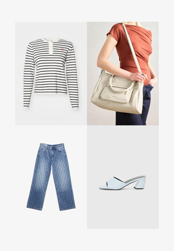 Dugi rukav, prugasta majica u bijeloj i mornarskoj plavoj boji, s henley izrezom i gumbima te malim izvezenim motivom trešnje na prsima.; Traperice širokih nogavica u svijetloplavoj boji s šivanim dijamantnim uzorkom, sadrže pet džepova i kopčanje na gumbe u struku.; Svijetloplave sandale na visoku petu s otvorenim prstima, s geometrijskim dizajnom, koje imaju široku traku preko stopala i debelu, kutnu petu.; Bijela kožna torba s dvije ručke i odvojivim remenom, s prednjim zatvornim džepom i glatkom teksturom. Drži se na ruci osobe.