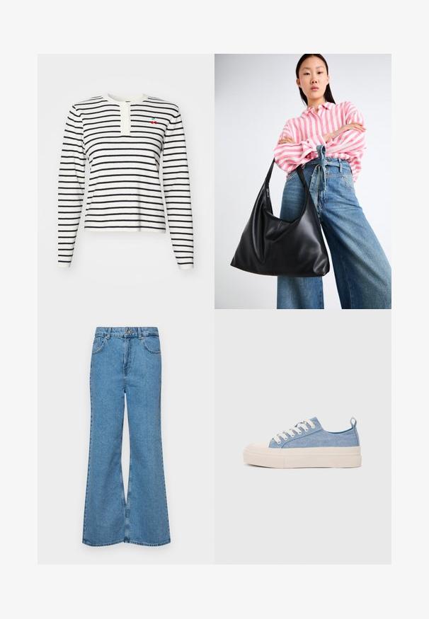 Dolga majica s črtami v beli in mornarsko modri barvi, z henley izrezom in gumbi ter majhnim vezenim detajlom češnje na prsih.; Svetlo modri razširjeni džins hlače iz denima, z visokim pasom, petimi žepi in enim gumbom za zapiranje. Mehka tekstura z blagim zbledelim videzom.; Svetlo modri platneni športni copati z kremnim gumijastim zaščitnikom na prstih in podplatom, z belimi vezalkami in zanko na peti.; Črna usnjena torba preko ramena z ohlapno obliko in šivnimi detajli. Model nosi roza in belo črtasto srajco ter široke modre kavbojke.