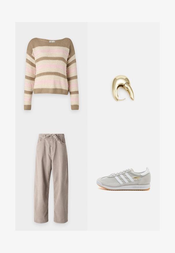 Knit sweater with wide neckline, brown, cream, and pink horizontal stripes. Features a textured pattern and ribbed cuffs and hem.; Beige corduroy trousers with a loose fit, featuring a drawstring waist, two front pockets, and vertical ribbed texture.; Light grey sneaker made of suede and mesh, featuring three white stripes, round toe, and a gum rubber sole. Gold logo accent near laces.; Gold-tone metal earring with a sleek, curved design. Features a distinctive pointed shape, polished surface, and hinge closure.