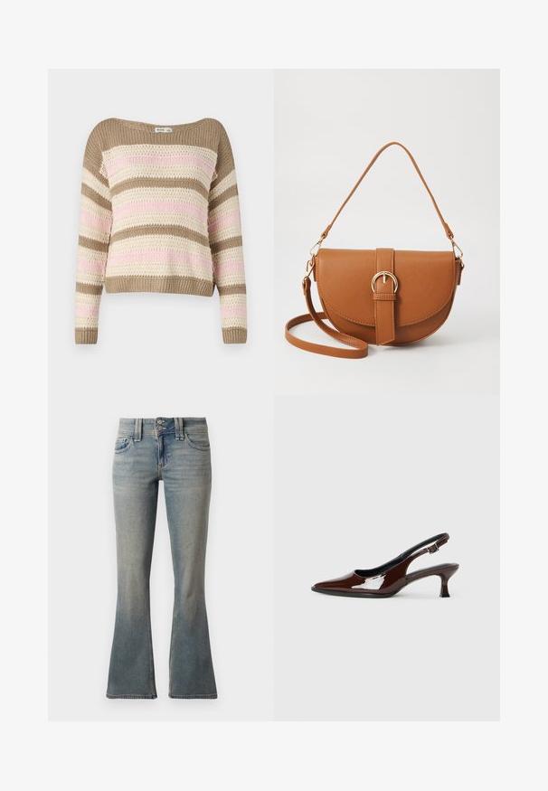Sweater de malha com decote largo, em listras horizontais castanha, creme e rosa. Apresenta um padrão texturizado e punhos e barra canelados.; Jeans azul claro em corte flare feitos de denim. Apresenta dois bolsos frontais, fecho com botão e um desbotado discreto por todo o tecido.; Sapato slingback em pele sintética castanha com bico pontiagudo e salto moderado. Apresenta uma fivela para um ajuste seguro. Textura suave.; Bolsa transversal de couro castanho com um formato curvado, ferragens douradas e um detalhe de fivela. Inclui uma alça de ombro destacável.