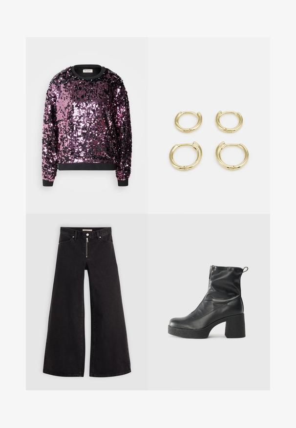 Piedurkņu džemperis ar sekvīnēm purpura un melnā krāsā. Iespējas ar apaļu dekoltē un melnā krāsā piedurknēm. Spilgta tekstūra ar vienmērīgu spīdumu.; Platas kājas džinsi melnā džinsa audumā ar rāvējslēdzēju priekšā, piecu kabatu dizains un smalkas šuvju detaļas. Gluda tekstūra un ikdienišķs stils.; Melni potītes zābaki, kas izgatavoti no gludas ādas, ar sānu rāvējslēdzēju, masīvu strukturētu papēdi un noapaļotu purngalu.; Zelta gredzenu auskari, četri gabali, gluda virsma, noapaļota forma, dažādu izmēru, ar eņģu aizdari ērtai valkāšanai.