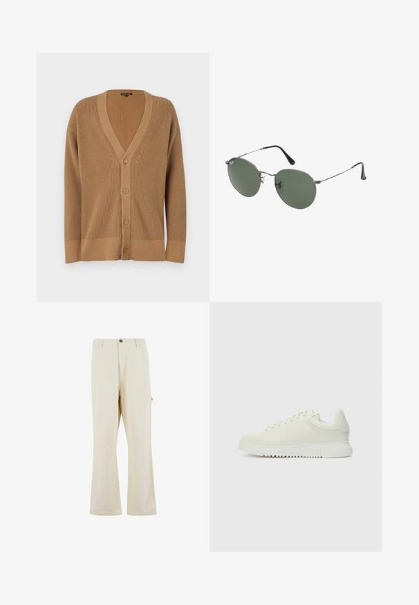 Bruine gebreide cardigan met een V-hals, zes knopen, ribbeltextuur en brede mouwen. Het ontwerp heeft een subtiel patroon langs de randen.; Witte katoenen t-shirt met korte mouwen, ronde hals, relaxte pasvorm en zonder zichtbare logo's of patronen. Gladde textuur en minimalistisch ontwerp.; Beige, wijde broek gemaakt van een katoenmix met een knoopsluiting. Voorzien van zijzakken en een subtiele textuur. Naaddetails zichtbaar.; Witte leren sneaker met een textuur bovenkant, ronde neus, vlakke witte zool en tonale veters. Subtiele branding op de tong.; Metalen zonnebril met ovale groene lenzen. Dunne zilveren metalen rand en zwarte oorstoppers. Minimalistisch ontwerp, zonder zichtbare logo's.