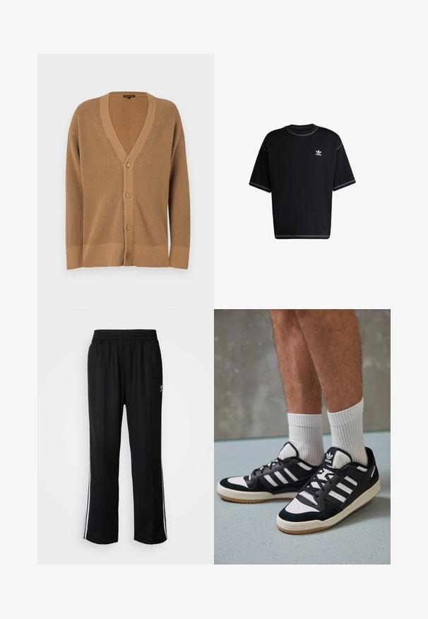 Brown knitted cardigan with a V-neck, six buttons, ribbed texture, and wide sleeves. The design features a subtle pattern along the edges.; Black cotton t-shirt with short sleeves. Features a round neck and white stitching accents. Small white Adidas logo on the left chest.; Black athletic pants with an elastic waistband, featuring white side stripes and a small logo. Material appears soft and lightweight.; Black and white sneakers with a suede and leather upper, featuring three white stripes, a perforated toe, and a gum rubber sole.
