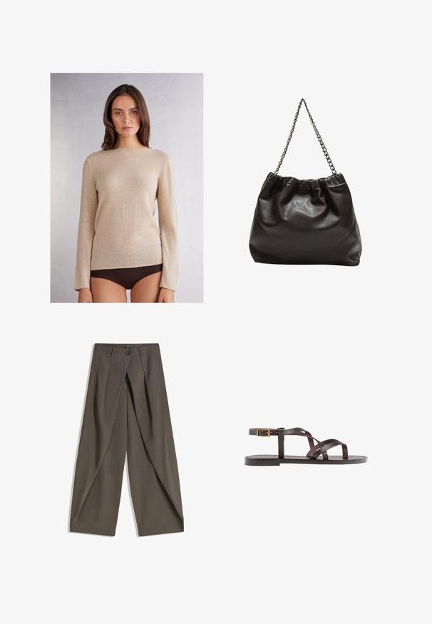 Beige, langärmeliger Pullover mit einem Bootsausschnitt, aus weichem Material, mit einer subtilen Textur und Kontrastnähten entlang des Saums.; Weite Hosen aus einem strukturierten, dunkelgrauen Stoff. Mit einer vorderen Faltenlegung, Knopfverschluss und praktischen Seitentaschen ausgestattet.; Braune Leder-Sandale mit überkreuzten Riemen, einem Knöchelriemen mit Schnalle und einer flachen Sohle mit minimalen Nähdetails.; Braune Lederhandtasche mit gerafftem Oberteil und Kettenriemen. Glatte Textur mit glänzendem Finish und subtilen Nahtdetails an den Seiten.