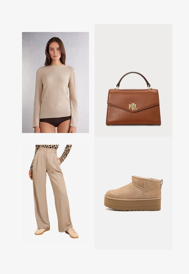 Beige, lange mouwen trui met een bootvormige halslijn, gemaakt van zachte stof, met een subtiele textuur en contrasterende stiksels langs de zoom.; Beige wijde broek met plooien, voorzien van zakken en een gladde textuur. Gecombineerd met beige sneakers en een top met luipaardprint.; Beige suède enkellaarsjes met een pluche binnenvoering, voorzien van een plateauzool en een trekhaak aan de achterkant voor gemakkelijk aantrekken. Gemêleerde rubberen zool.; Bruine leren handtas met een gestructureerd ontwerp, een bovenhandgreep, gouden hardware en een logo-accent aan de voorkant. Gladde textuur.