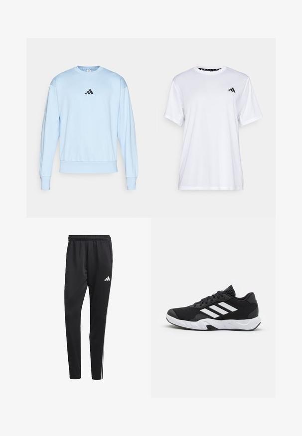 Ανοιχτού μπλε φούτερ φτιαγμένο από μείγμα βαμβακιού, με μακριά μανίκια, στρογγυλή λαιμόκοψη και μαύρο λογότυπο Adidas στο στήθος.; Λευκό αθλητικό μπλουζάκι με κοντά μανίκια, κατασκευασμένο από ύφασμα που απορροφά την υγρασία. Διαθέτει μαύρο λογότυπο στην αριστερή πλευρά του στήθους και μοτίβο στη εσωτερική γραμμή του λαιμού.; Μαύρο αθλητικό παντελόνι με ελαστική μέση, λευκές πλαϊνές ρίγες και ένα μικρό λευκό λογότυπο στο μηρό. Φτιαγμένο από απαλή, ελαφριά ύφανση.; Μαύρα αθλητικά παπούτσια με υφασμάτινη άνω επιφάνεια κώνου, λευκές διακοσμητικές ρίγες, μαξιλαρωτή σόλα και ενισχυμένη φτέρνα για στήριξη.