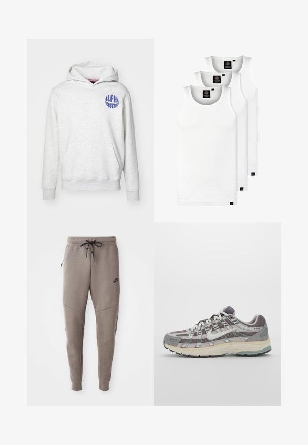 Hanorac gri deschis din material moale. Are o buzunar frontal și un logo albastru "ALPHA INDUSTRIES" în partea din stânga sus.; Trei maieuri albe ribbate din bumbac. Au un guler rotund și etichete negre mici lângă tiv. Disponibile în mai multe mărimi.; Pantaloni de trening gri Nike cu un braț de strângere la talie, picioare conice, buzunare laterale și detalii de cusătură distincte. Material moale, texturat.; Pantofii sport gri sunt realizați dintr-un amestec de plasă și piele întoarsă, cu accente albe, o talpă bine îmbrăcată și un design distinctiv cu elemente reflectorizante.
