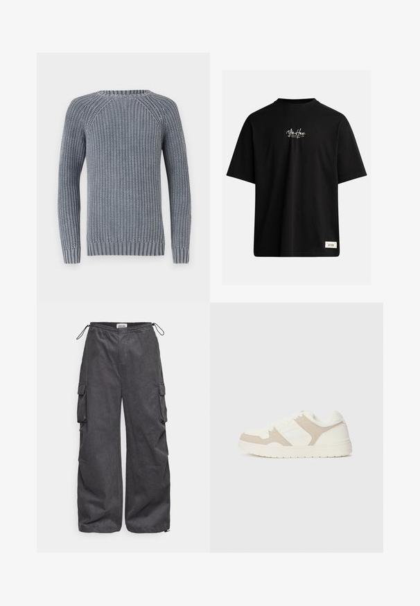 Πλεκτό μπλε πουλόβερ με υφασμάτινη υφή, ριγωμένα μανίκια και άκρες, και στρογγυλή λαιμόκοψη. Τα ράγκλαν μανίκια ενισχύουν την άνεση και την εφαρμογή.; Μαύρη κοντομάνικη μπλούζα φτιαγμένη από βαμβάκι. Διαθέτει ένα μικρό άσπρο λογότυπο στο στήθος και μια ορθογώνια ετικέτα στην κάτω δεξιά γωνία.; Γκρι cargo παντελόνι με υφή υφάσματος, ελαστική μέση, κορδόνι και λεπτομέρειες στις πλευρές. Χαλαρή εφαρμογή με φαρδιά πόδια.; Λευκά και μπεζ πάνινα παπούτσια με συνδυασμό λείας και σουέτ υφών, στρογγυλή μύτη, κλείσιμο με κορδόνια και επίπεδη λαστιχένια σόλα.