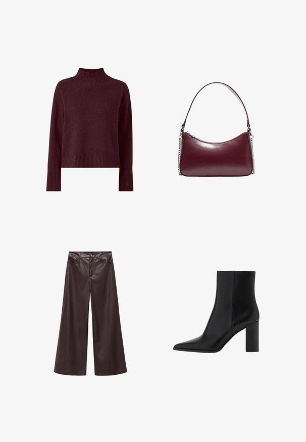 Ellos Collection Strickpullover - rot; Braune Kunstleder-Hosen mit weitem Bein und hohem Bund, ausgestattet mit frontalen Taschen und einem klassischen Knopfverschluss. Weiche Textur und matte Oberfläche.; Schwarze Leder-Ankle Boots mit spitzem Zehenbereich, quadratischem Absatz, glatter Textur und Nähten entlang der Nähte. Die Absätze messen ungefähr 8,9 cm.; Burgunderfarbene Lederhandtasche mit geschwungener Form, Reißverschluss und einer mit Kette verzierten Tragriemen. Glenzende, glatte Oberfläche.