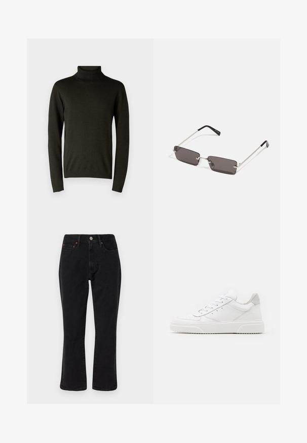 Ciemnozielony sweter z golfem wykonany z miękkiego dzianiny, z długimi rękawami oraz prążkowanymi mankietami i dołem. Gładka faktura z minimalną ilością detali.; Biała bawełniana koszulka z krótkim rękawem, okrągłym dekoltem i czerwonym napisem graficznym "PYSZNY ODŚWIEŻAJĄCY OWOC" na przodzie.; Czarne dżinsy o prostym kroju, pięć kieszeni, metalowe elementy wykończenia w miedzianym kolorze. Gładka tekstura i średni stan.; Białe skórzane trampki o gładkim wykończeniu, zaokrąglonym nosku, płaskich sznurówkach i teksturowanej podeszwie. Szary zamszowy akcent na pięcie.; Okulary przeciwsłoneczne z prostokątnymi, ciemnoszarymi soczewkami, srebrnymi metalowymi ramkami i czarnymi plastikowymi zakończeniami na zausznikach. Lekka konstrukcja z poduszkami nosowymi.