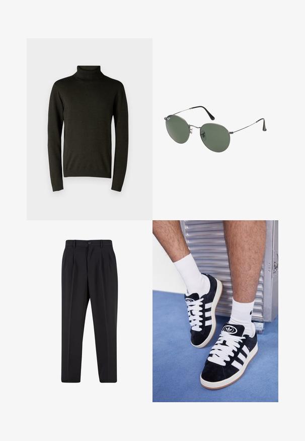 Tamsiai žalia megztinis su aukštu kaklu, pagamintas iš minkštos mezgimo medžiagos, su ilgomis rankovėmis ir raukšlėmis ant manžetų bei apačios. Lygi tekstūra su minimaliais apdailos elementais.; Juodi kelnių su raukšlėtu priekiu dizainu, pagaminti iš lygaus audinio. Su mygtuko užsegimu ir diržo kilpomis; tiesios kojų formos.; Juodos zomšos sportbačiai su baltais raišteliais ir trimis baltais dryžiais. Ant liežuvėlio yra apvalus juodas logotipas, o pado medžiaga – guminė.; Metaliniai akiniai su ovaliais žaliais lęšiais. Plonas sidabro spalvos metalinis rėmas ir juodi ausų laikikliai. Minimalistinis dizainas, be matomų logotipų.