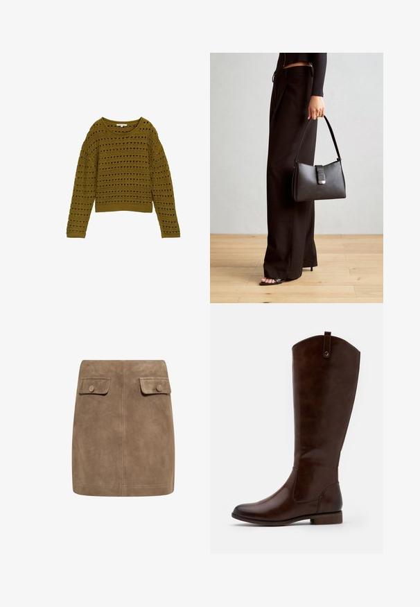 Svetr z háčkování v olivově zelené barvě s volným střihem, kulatým výstřihem a dlouhými rukávy. Obsahuje pruhovaný vzor s výřezy a žebrovaným lemem.; Hnědý dlouhý rukáv top s širokým výstřihem a detaily uzlu na jedné straně, vyrobený z měkké texturované látky.; Hnědá semišová mini sukně s hladkou texturou, vybavená dvěma předními kapsami s klopami a knoflíkovými zapínáními po stranách. Jednoduchý, rovný design.; Hnědé kozačky do kolen vyrobené z hladké kůže, s kulatou špičkou, nízkým stohovaným podpatkem a jemným prošitím po stranách.; Černá kabelka se strukturovaným tvarem, hladkým povrchem a kovovým uzávěrem. Kombinována s širokými černými kalhotami a sandály s otevřenou špičkou na dřevěné podlaze.
