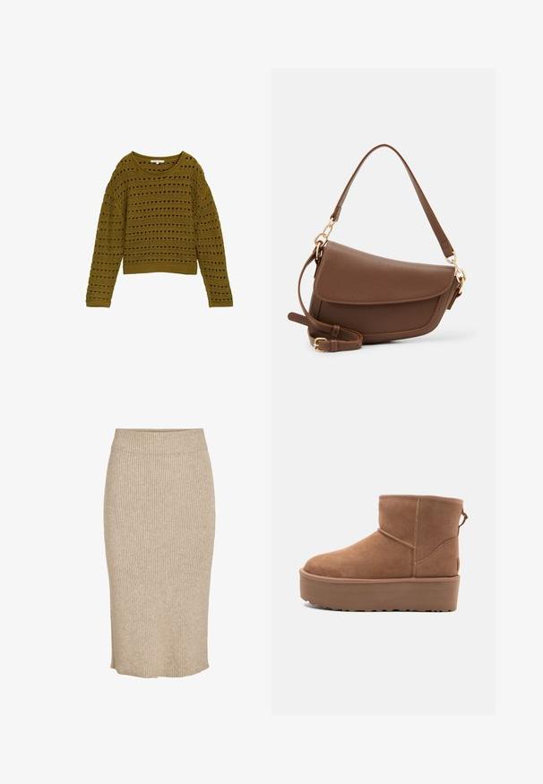 Suéter de ganchillo verde oliva con un ajuste holgado, escote redondo y mangas largas. Presenta un patrón a rayas con detalles calados y dobladillo acanalado.; Falda de punto en color beige claro con textura de canalé vertical, de longitud a la rodilla, con cintura elástica y corte recto.; Botín de ante en color marrón claro con suela de plataforma, punta redondeada y detalles de costura; cuenta con una lengüeta en la parte trasera para facilitar su uso.; Bolso de hombro de cuero marrón con acabado texturizado, forma curvada, herrajes en tono dorado, correa ajustable y cierre de solapa.