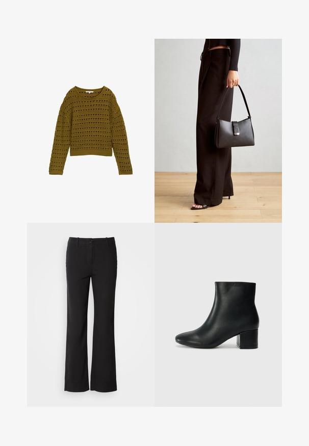 Olivi vihreä virkattu neule, jossa on löysä malli, pyöreä kaula-aukko ja pitkät hihat. Ominaisuuksiin kuuluu raidoitus, jossa on leikattuja yksityiskohtia ja ribbaushelma.; Mustat puuvillasekoitetekstiilit, jossa on suora lahje, etunappi kiinnitys ja kaksi sivutaskua. Sileä rakenne, ei näkyviä kuvioita.; Musta nahkasaappaat nilkkapituudella, jossa on terävä kärki ja paksu korko. Silkkinen pinta, jossa on minimaaliset yksityiskohdat ja tyylikäs, istuva muotoilu.; Musta käsilaukku, jossa on rakenteellinen muoto, sileä pinta ja metallinen solki. Yhdistetty leveisiin mustiin housuihin ja avonaiheisiin sandaaleihin puulattialla.