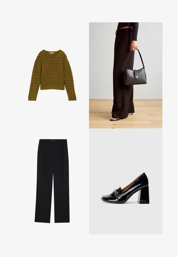 Pulover croșetat verde măsliniu cu o croială lejeră, guler rotund și mâneci lungi. Prezintă un model în dungi cu detalii decupate și tiv cu nervuri.; Pantaloni negri cu un design drept, dotati cu doua buzunare frontale si un talie. Fabricati dintr-un material usor si neted.; Pantofii cu toc înalt din piele lăcuită neagră, cu vârf ascuțit și toc pătrat. Prezentând o curea decorativă și detaliu cu cataramă pe vârf.; Genți negre cu o formă structurată, textură netedă și un închizător metalic. Asortată cu pantaloni negri largi și sandale cu vârf deschis pe un podea din lemn.