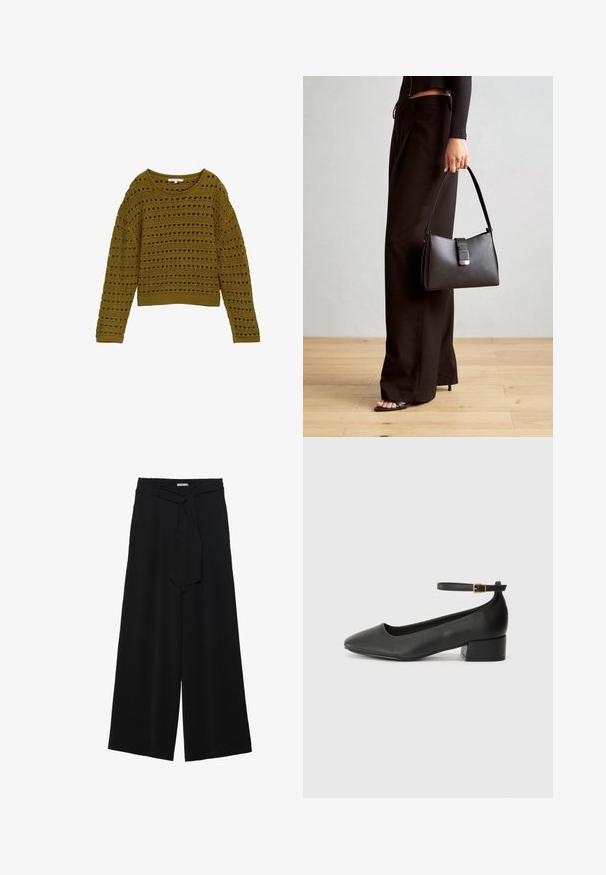 Olive zelena bena s pletenjem, slobodnog kroja, okruglog izreza i dugim rukavima. Ima prugasti uzorak s izrezima i rebrastim rubom.; Crne široke hlače od teksturirane tkanine, s elastičnom pojasom i odvojivim remenom na struku za prilagodivo pristajanje.; Crne kožne pumpe s oštrim vrhom i niskom blok petom. Sadrže remen oko gležnja s zlatnim kopčanjem. Glatka tekstura.; Crna torba s oblikom koji sadrži strukturu, glađu teksturu i metalnu kopču. Uparena s širokim crnim hlačama i sandalama na otvorenom s drvenog poda.