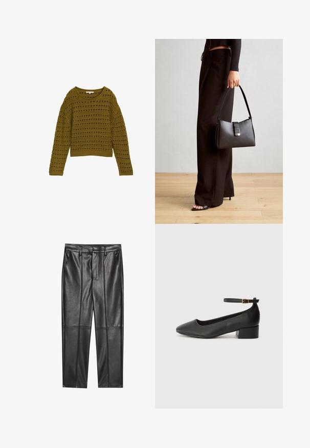 Olivno zelena kvačkana jopica z ohlapnim krojem, okroglim izrezom in dolgimi rokavi. Ima črtast vzorec s prozornimi detajli in rebrastim robom.; Črne usnjene hlače z gladko teksturo, z ravnim krojem, dvema sprednjima žeparjema in vidnimi šivi.; Črne usnjene pumpice z nazobčanimi prsti in nizko blokasto peto. Imajo trak okoli gležnja z zaponko v zlatem tonu. Gladka tekstura.; Črna torbica z strukturirano obliko, gladko teksturo in kovinskim zaponko. Ujemajo se z širokimi črnimi hlačami in odprtimi sandali na lesenem tleh.