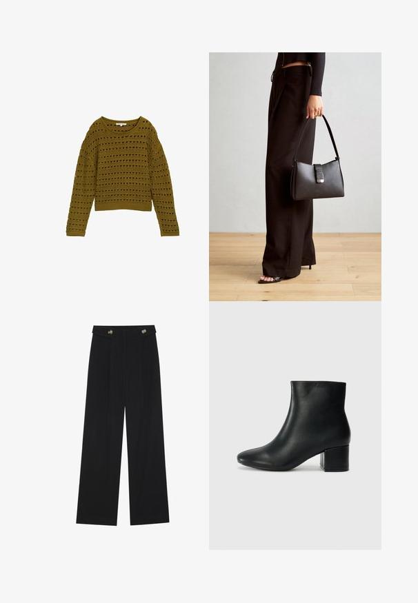 Olíva zöld horgolt pulóver laza szabással, kerek nyakkivágással és hosszú ujjakkal. Csíkos mintával és kivágott részletekkel rendelkezik, valamint bordás aljjal.; Fekete, bő szárú nadrág magas derékkal, gombos részletekkel a derékrészen és elülső pliszékkal.; Fekete bőr bokacsizma hegyes orral és vastag sarokkal. Sima felület minimális díszítéssel és karcsú, passzos kialakítással.; Fekete kézi táska strukturált formával, sima textúrával és fémből készült záródással. Széles fekete nadrággal és nyitott orrú szandállal párosítva, fából készült padlón.