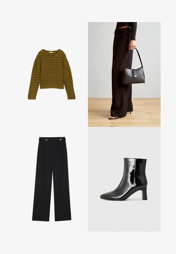 Olivovo zelený háčkovaný sveter s voľným strihom, okrúhlym výstrihom a dlhými rukávmi. Má pruhovaný vzor s vyrezávanými detailmi a rebrovaným lemom.; Čierne široké nohavice s vysokým pásom, so zapínaním na gombíky na páse a prednými sklady.; Čierne lakované členkové topánky s špicatou špičkou a stredne vysokým blokovým podpätkom. Hladká textúra a minimalistický dizajn.; Čierna kabelka so štruktúrovaným tvarom, hladkou textúrou a kovovou sponou. V kombinácii so širokými čiernymi nohavicami a sandálmi s otvorenou špičkou na drevenej podlahe.