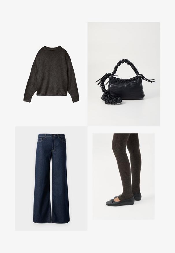 Tumehall villane särk, pehmest kangast, ümmarguse kaelusega, langenud õlgade ja soonikkoes hemmi ja varrukatega. Lihtne disain, ilma mustriteta.; Laiad teksad tumesinises denimis. Omab kontrastõmblusi, viit taskut ja nupukinnitust vööl. Sile tekstuur.; Mustad mustad kingad väikese teksaga varvaste juures, koos tumedate pruunide ribakangastega. Kingadel on sile tekstuur ja madal profiil.; Must must sünteetilisest nahast käekott, millel on krokodillimuster, kokku tõmmatav ülaosa ja kortsus rihm. Tundub pehme ja kompaktne disain.