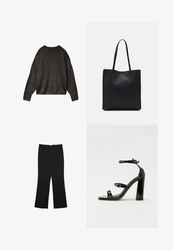 Dunkelgrauer Pullover aus weichem Stoff mit Rundhalsausschnitt, überschnittenen Schultern und geripptem Saum sowie Bündchen. Einfaches Design, ohne Muster.; Schwarze Hose mit geradem Schnitt, ausgestattet mit Fronttaschen und Seitenschlitzen am Saum. Hergestellt aus weichem, glattem Stoff. Geeignet für verschiedene Anlässe.; Schwarze patentierte Sandalen mit Absatz, quadratischer Spitze, Knöchelriemen und silbernen Schnallen. Mit einem stabilen Blockabsatz für mehr Stabilität.; Schwarze Laptoptasche aus Leder mit glatter Textur, rechteckiger Form und zwei langen Griffen. Keine sichtbaren Beschläge oder Verzierungen.
