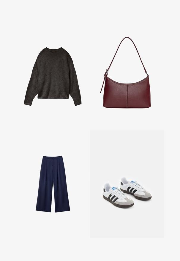 Tamnosivi džemper, izrađen od mekog materijala, s okruglim izrezom, spuštenim ramenima i rebrastim rubovima i manžetama. Jednostavan dizajn, bez uzoraka.; Tamnoplave široke hlače s plitkim naborima, s gumbom u struku i petljama za remen, prikazane ravno na bijeloj pozadini.; Sportske cipele s gornjištem od bijele kože, sivi suedinasti nos i tri crne pruge. Imaju plavi logo na jeziku i teksturiranu gumenu podlogu.; Bordo kožna torba s zakrivljenim oblikom, jednim remenom za rame i šivenim detaljima na sredini. Glatka tekstura, minimalni dodaci.