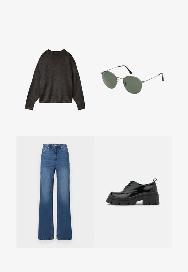 Tumma harmaa neule, valmistettu pehmeästä kankaasta, jossa on pyöreä kaula-aukko, lasketut olkapäät sekä ribbimekanismin reunat ja hihansuut. Yksinkertainen muotoilu, ei kuvioita.; Siniset, korkea vyötärö ja leveät lahkeet, valmistettu denimistä, perinteinen viiden taskun muotoilu ja hienovarainen haalistuminen lahkeissa.; Musta lakkapintainen kengät, joissa on paksu platform-pohja ja paksut nauhat. Pyöristetty kärki, minimaalinen yksityiskohtaisuus ja pieni kantanauha takana.; Aurinkolasit metallikehyksillä, joissa on soikeat vihreät linssit. Ohut hopeinen metallikehys ja mustat korvapehmusteet. Minimalistinen muotoilu, ei näkyviä logoja.