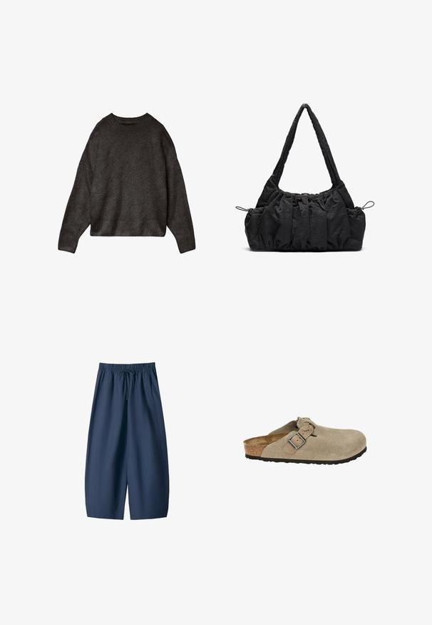 Dark gray sweater, made of soft fabric, featuring a round neck, dropped shoulders, and ribbed hem and cuffs. Simple design, no patterns.; Navy blue shorts made of smooth fabric, featuring an elastic waistband with a drawstring and two side pockets. Relaxed fit, knee-length design.; Beige suede clogs with a rounded toe, adjustable strap and buckle, cork midsole, and textured black rubber sole for traction.; Black fabric handbag with gathered texture, two shoulder straps, and drawstring closure on sides. Smooth, lightweight material.