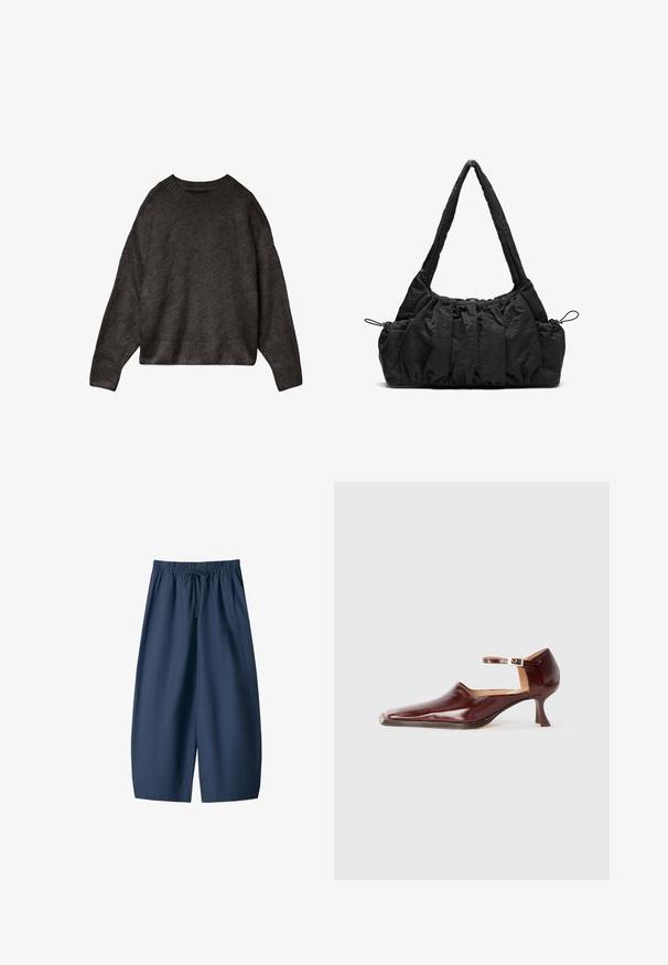Sötét szürke pulóver, puha anyagból készült, kerek nyakkivágással, ejtett vállakkal, valamint bordázott aljjal és mandzsettákkal. Egyszerű dizájn, minta nélkül.; Sötétkék sort, sima anyagból, elasztikus derékpánttal és húzózsinórral, valamint két oldalsó zsebbel. Laza, térd hosszúságú szabás.; Burgundi lakkbőr cipő hegyes orral, bokapánttal és 5 cm-es konyhakész sarkal. Simás felület és minimalista design.; Fekete szövet kézitáska gyűrött textúrával, két vállpánttal és fűzős záródással az oldalakon. Simább, könnyű anyag.