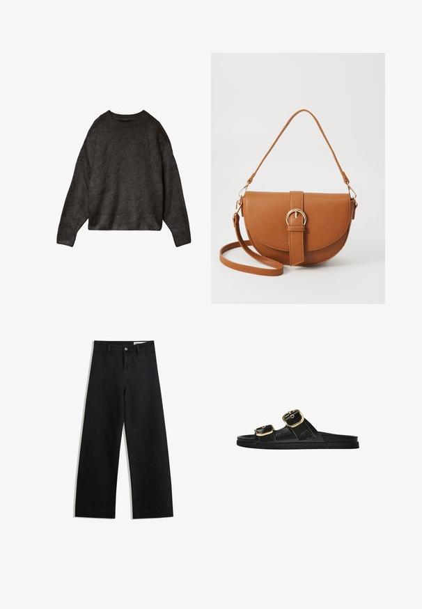 Dunkelgrauer Pullover aus weichem Stoff mit Rundhalsausschnitt, überschnittenen Schultern und geripptem Saum sowie Bündchen. Einfaches Design, ohne Muster.; Schwarze weit geschnittene Jeans mit hoher Taille, ausgestattet mit Vorder- und Hintertaschen, gesteppten Nähten und einem Knopfverschluss. Glatte Textur.; Schwarze Riemensandale mit zwei goldenen Schnallendetails, glattem Material, flachem Sohlen und minimalistischer Gestaltung.; Braune Leder-Crossbody-Tasche mit geschwungener Form, goldfarbenen Beschlägen und einer Schnallenakzentuierung. Verfügt über einen abnehmbaren Schultergurt.