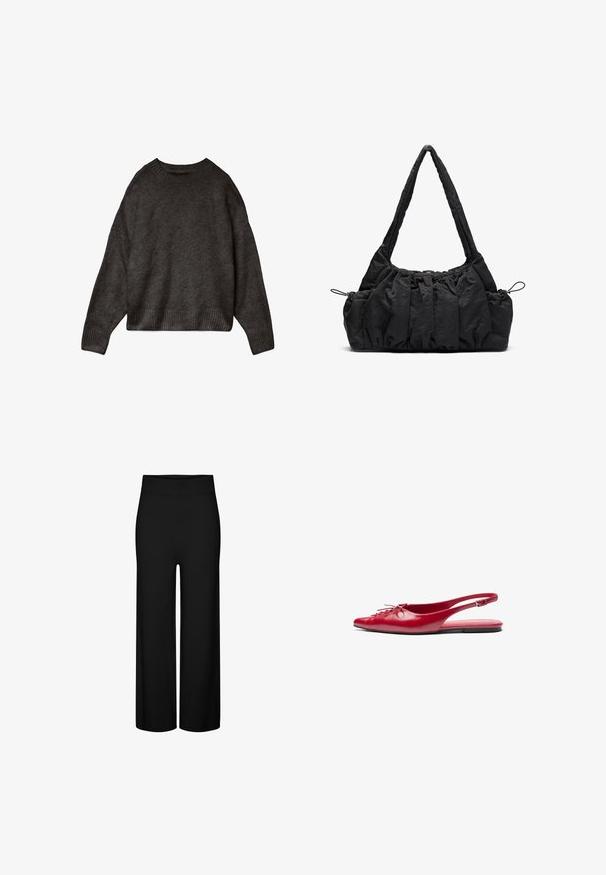 Tumehall villane särk, pehmest kangast, ümmarguse kaelusega, langenud õlgade ja soonikkoes hemmi ja varrukatega. Lihtne disain, ilma mustriteta.; Mustad laiad pükste küljed, veniva vöökohaga, sileda tekstuuriga ja ilma silmapaistvate mustrite või aktsentideta.; Punane nahast slingback tasane king, millel on terav nina ja dekoratiivne nöördetail ees, õhuke pahkluu rihm ja litte talla. ; Must mustriga käekott, millel on kogutud tekstuur, kaks õlarihma ja külgedel nöörkinnitus. Sujuv ja kerge materjal.