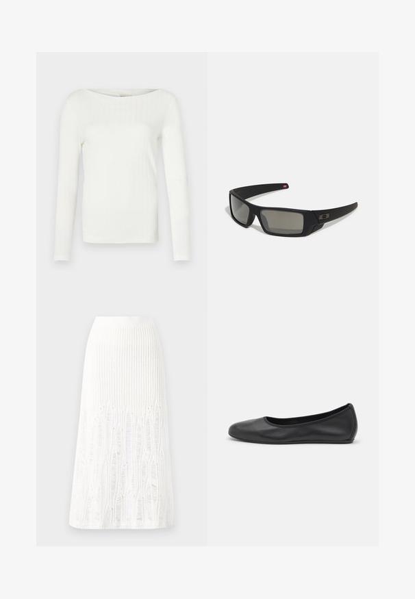 Weißes langärmeliges Rippoberteil mit weitem Bootsausschnitt, das eine eng anliegende Silhouette und eine sanfte Stoffstruktur aufweist. Keine auffälligen Akzente oder Muster.; Gestreifte weiße Midi-Rock aus Strick mit einem strukturierten Muster und Ausschnitten am Saum. Elastischer Bund. Weiches Material.; Schwarze Leder-Ballettschuhe mit abgerundeter Spitze, glatter Textur, minimalen Nähdetails und einem flexiblen Sohlen-Design.; Schwarze Sonnenbrille mit matter Oberfläche, rechteckigen Gläsern, leichtem Bogen an den Schläfen, dezentem Logo-Detail und rauchgetönten Gläsern.